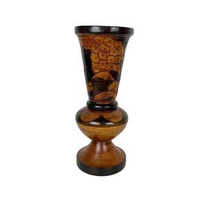 Vintage Hand Carved Wooden Vase Floral Leaves Made in Mexico 12.5" Boho